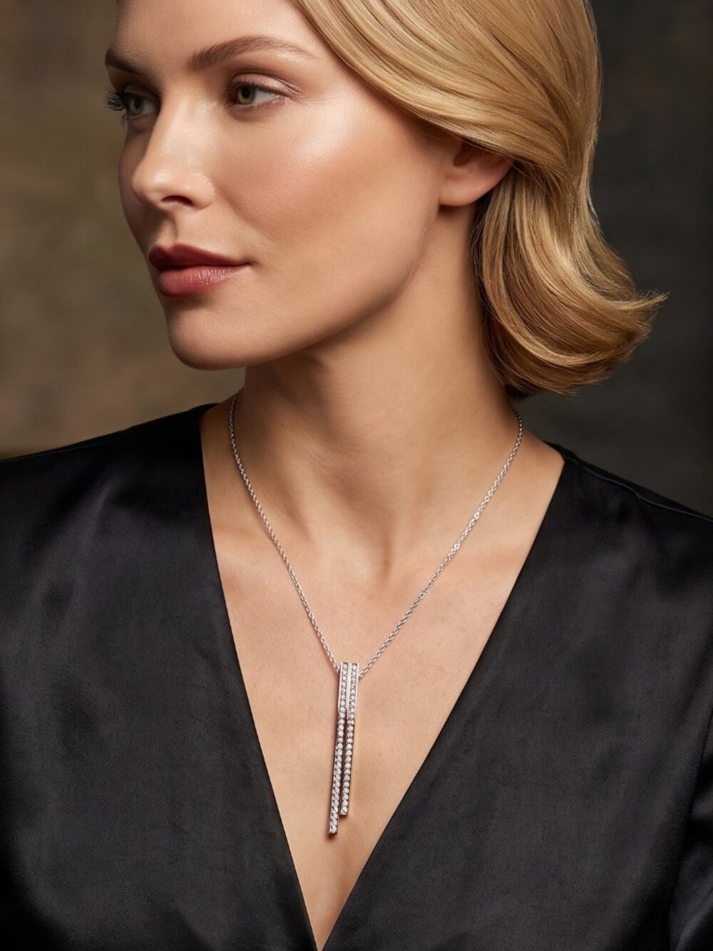 Rhodium Plated Asymmetric Double Vertical Bar Pendant Necklace Pave Crystal NWOT